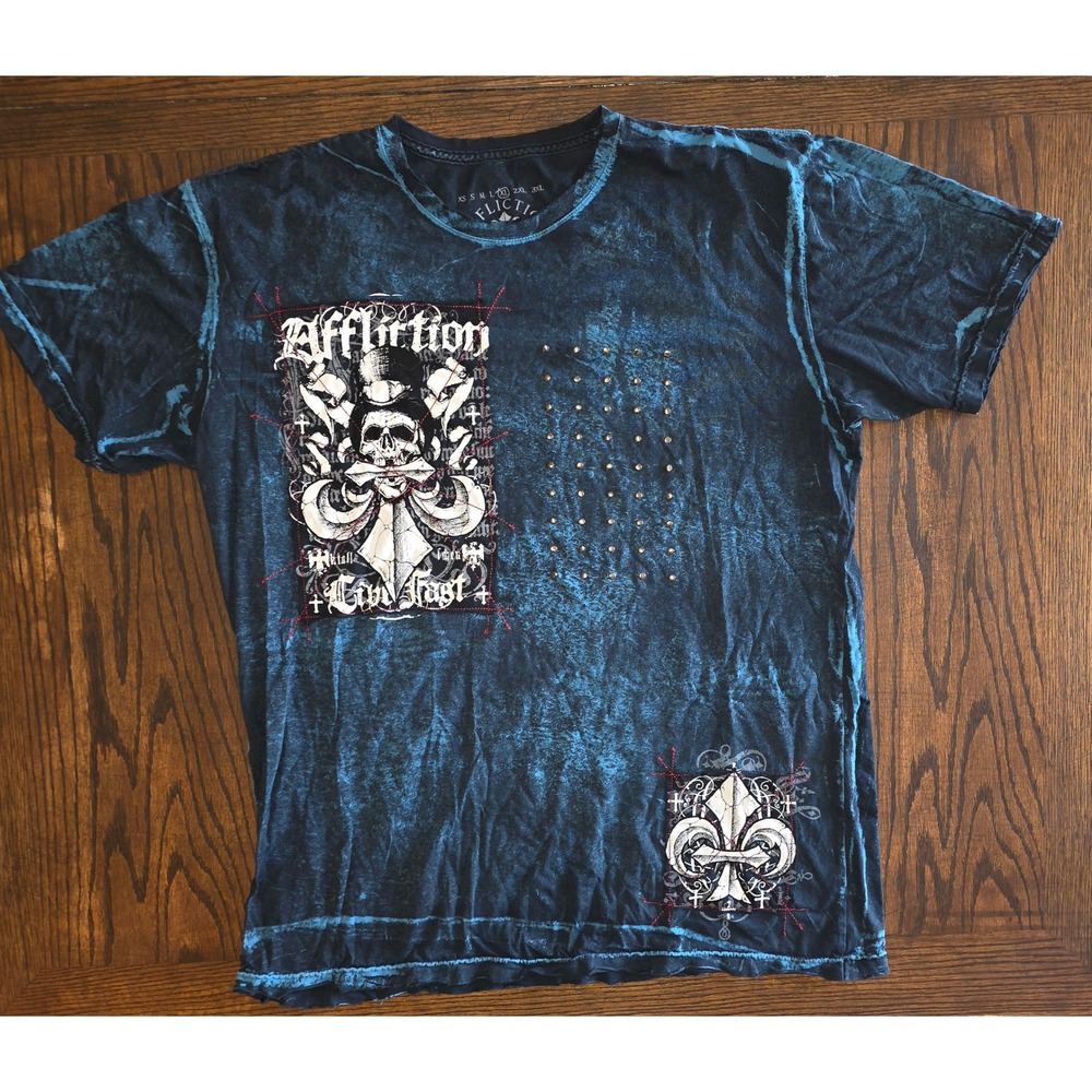 Affliction Mens XL Blue Black Lava Wash Rhinestone Skull Fleur De Lis 2008-13